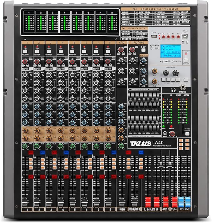 Professional Audio Mixer, 12 Channel Sound Board Mixing Console, Dual DSP Reverb Studio Mixer Board, Dual 7-Band EQ, 48V Phantom Power, 4 Group Stereo Output Input, PAD