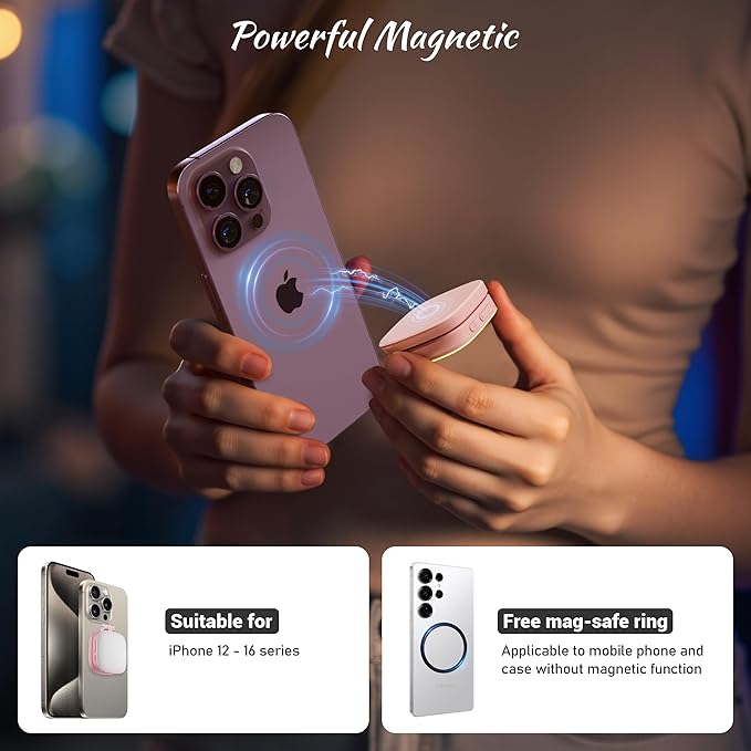 Magnetic Selfie Light for Phone: 5 Led Mode with Mirror Compatible for iPhone & Android - Rechargeable Portable Fill Light for Photography/Video Recording/Conference/Vlog/Makeup (Pink)
