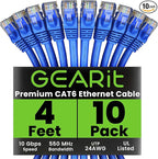 GearIT Cat 6 Ethernet Cable (10-Pack 4 Feet) Cat6 Network Patch, 10Gbps, RJ45, Snagless Cord, Gold-Plated Connectors, Internet for PC, TV, Tablet, Router, Printer, Servers, IT Data Center - Blue