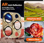 Camera Lens Protector for iPhone 16 Pro Max/16 Pro/15 Pro Max/15 Pro/14 Pro Max/14 Pro, Aluminum Alloy Sapphire Glass Camera Screen Cover, Case Friendly- Glitter Gold