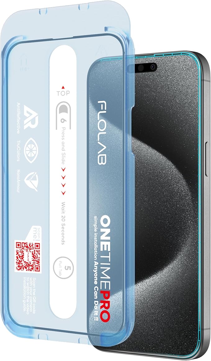FLOLAB NanoArmour ONETIME PRO for iPhone 15 Plus Screen Protector, Anti-Reflective, Anti-Rainbow, 3D Tempered Glass, Ultra Clear, Edge Reinforced, Easy Install, Dust-Free, Scratch Resistant