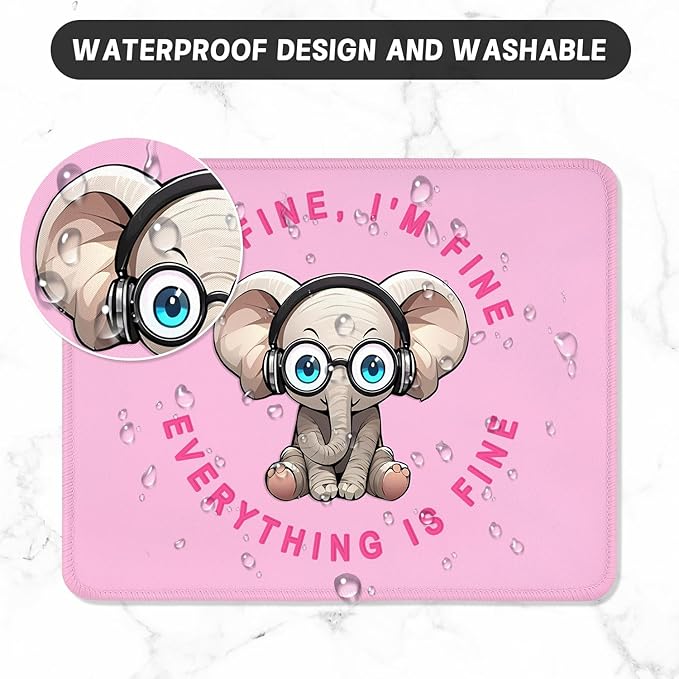 ITNRSIIET Mouse Pad with Stitched Edge Premium Textured Smooth Precise Operation Waterproof Washable Non-Slip Rubber Base Desktop Protection Mat, 10.2×8.3×0.12 inches, Pink Pretty Elephant