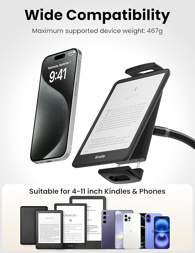 Gooseneck Kindle Holder with Remote Page Turner for Reading in Bed,Tablet Mount Holder for Desk,Flexible Long Arm for Tablets iPhones Kindle Accessories