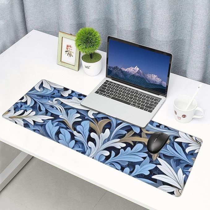 Gaming Mouse Pad, Large Non-Slip Rubber Base Mousepad, Keyboard Mouse Mat, Desk Pad with Stitched Edges, 31.5x11.8inch, Morris Leaves
