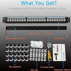 Cat6 Patch Panel 24 Port with Keystone, RJ45 Network Panel 19 Inch, Punch Down Keystone Ethernet Patch Panel with Back Bar