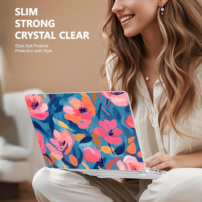 Case for MacBook Air 15 Inch 2025 2024 2023 Release M4 A3241 M3 A3114 M2 A2941, Hard Shell with Screen Protector & Keyboard Cover, Compatible with Touch ID, Flowers Print