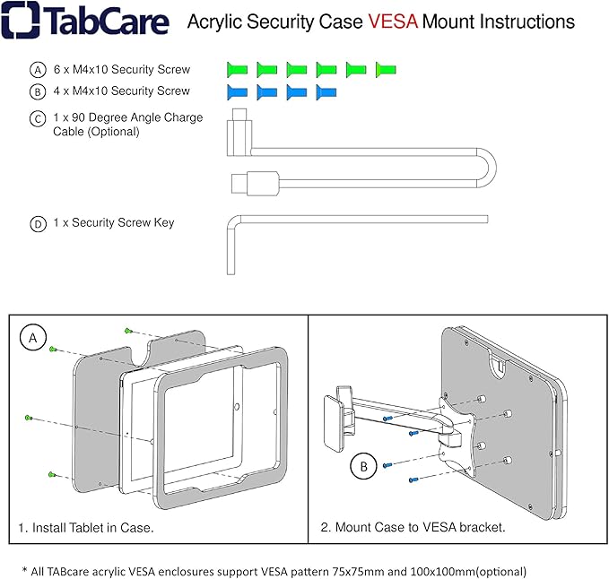 TABcare Anti-Theft Acrylic VESA Enclosure for Apple iPad Mini 1/2/3 with Free Wall Mount Kit & 90-Degree Angle Charge Cable (iPad Mini 1/2/3 8", White)