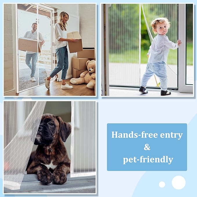 Magnetic Screen Door - Self Sealing, Heavy Duty, Hands Free Mesh Partition Keeps Bugs Out Let Breeze in- Pet and Kid Friendly - Keep Open Feature (White, Fit Door Size 34 x 80 Inch)
