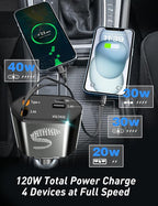 Retractable Car Charger USB C Fast Charging 120W, Car Accessories Cigarette Lighter Adapter Car Charger iPhone16 15 14 13 12 11 Car Essentials Gift for Travelers, Men, Women