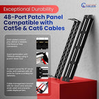 NewYork Cables 48 Port Cat6 Patch Panel – 10Gb Ethernet, 2U Rackmount 19-Inch, Color-Coded T568A/B Labels, Unshielded, 110/Krone Compatible, Black