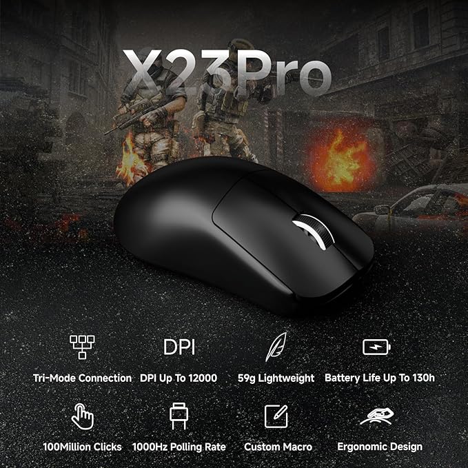 EWEADN X23Pro Wireless Gaming Mouse, 49g Lightweight Mouse, PAW3311 Sensor, 12000 DPI, 2.4G/BT5.0/USB-C Rechargeable Wireless Mouses with 6 Programmable Buttons for Laptop/PC/Mac, Black
