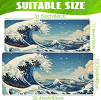 Desk Mat,Blue Japanese Sea Wave Desk Pad,Japanese Sea Wave Large Gaming Mouse Pad for Desk,Extended Big Computer Keyboard Mouse Pad with Non-Slip Base and Stitched Edge,35.4"x15.7"