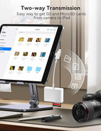 SD Card Reader for iPhone, SD Card Adapter with Lightening & USB C Dual Connectors Plug&Play Supports microSD, SD and USB-A OTG, Portable Trail Camera Memory Reader for iPhone Mac MacBook iPad