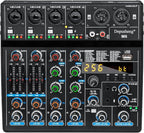 Depusheng M6 Portable Mini Mixer 6-Channel Audio Mixer DJ Console with Sound Card, Bluetooth Function, USB, 48V Phantom Power for PC Recording Webcast Party with 256 DSP
