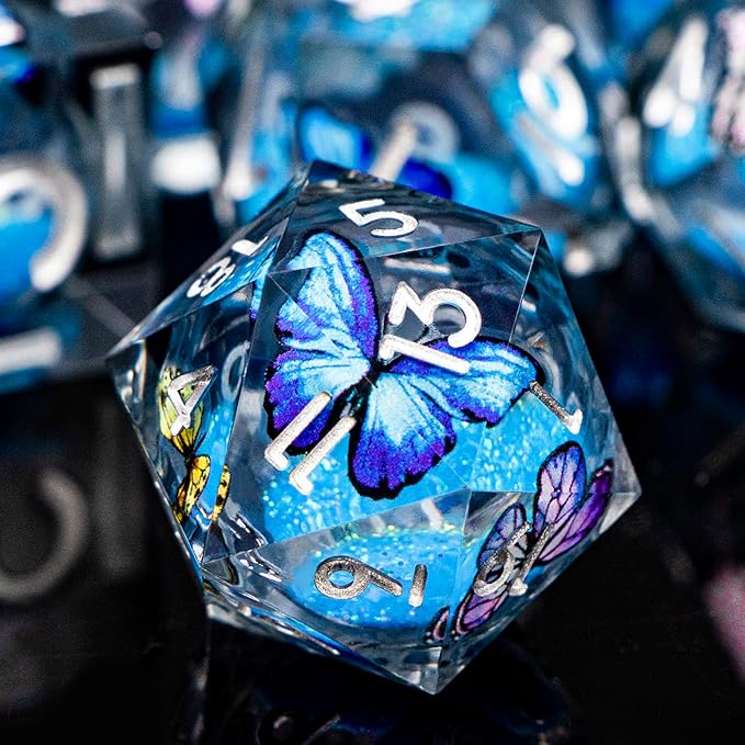 Butterfly DND Dice Blue-Black Liquid Core Dice Set with Metal Box, Handmade Sharp Edge D and D Polyhedral Dice for use with D&D Role Playing Game, D20 D12 D10 D8 D6