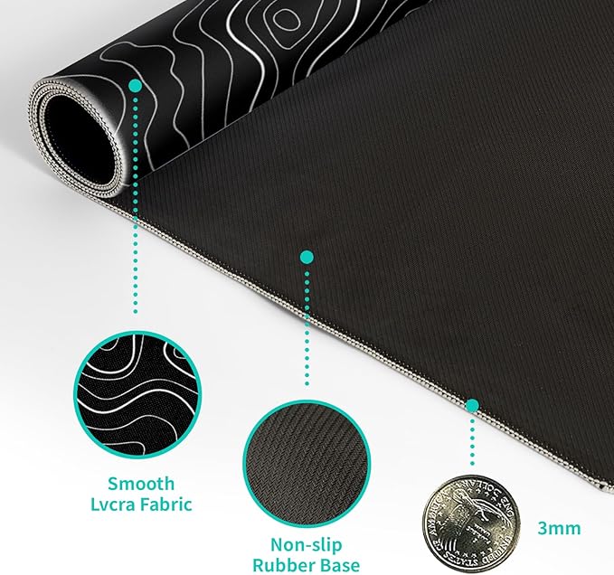 Topographic Contour Black Gaming Mouse Pad XL Geographic Map Lines Extended Big Large Desk Mat Non-Slip Rubber Base Stitched Edge Long Keyboard Mousepad for PC Computer Laptop,31.5x11.8 Inch
