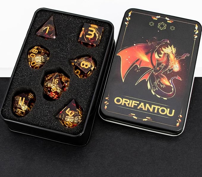 Magic Golden Ring DND Dice Set Sharp Edge Red Resin Dice with Box, for use with Dungeons Dragon RPG D&D Tabletop Games Lord D and D Polyhedral Dice Set