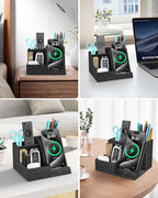 Wireless Charger with Desk Organizer, Pen Pencil Holder, Multifunctional Desktop Organizer, Office Supplies and Desk Accessories Organizer with 3 Compartments and 1 Phone Stand, PU Black