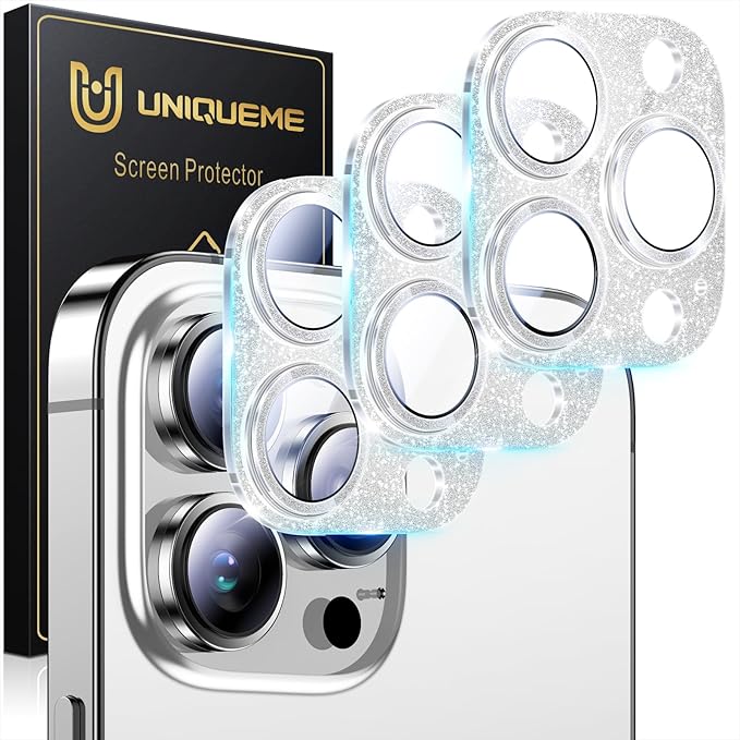 UniqueMe 3 Packs Compatible for iPhone 13 Pro Max/iPhone 13 Pro Camera Lens Protector Acrylic [Not Glass],[Case Friendly][Scratch-Resistant][Night Shooting Mode]-Glitter Silver