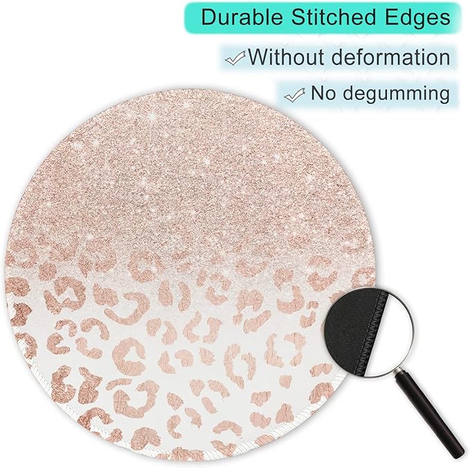 ITNRSIIET Round Mouse Pad with Stitched Edge Premium-Textured Waterproof Non-Slip Rubber Base Desktop Protection Mat Diameter 8.7 inches, Rose Gold Leopard Print