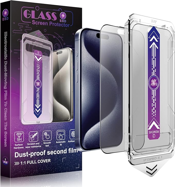 2 Pack Matte Screen Protector for iPhone 15 Pro 6.1-Inch Auto Dust Removal, No Bubbles, Tempered Glass Film, Easy Installation