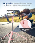 67‘’ Selfie Stick Tripod, Phone Tripod with Wireless Remote Control, Portable Selfie Stick for Photograph, Live Streaming, Video Recording, Compatible with All Cell Phones, Pink
