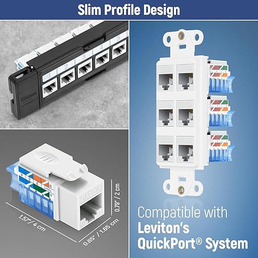 Everest 45° Angled RJ45 Cat5e Keystone Jacks 10-Pack in White - Slim Profile Female RJ45 Connectors - Cat 5e Keystone Jack - Compatible with 45° Angled Speed Termination Tool - 45Term (B0BL3GS7ZY)