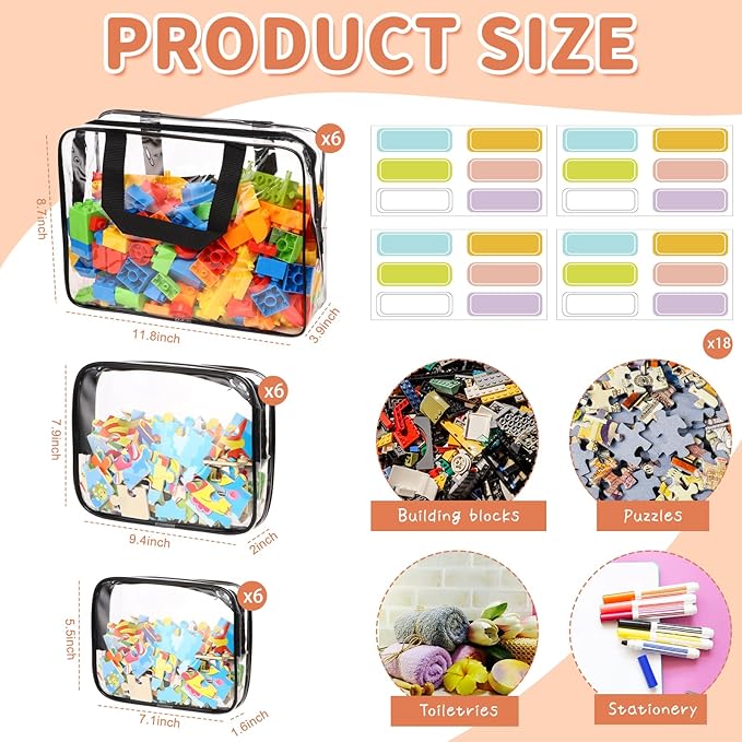 18 Packs Large Toy Storage Bags with Labels, Clear PVC Bags Travel Waterproof Kids Toy Organizer Bags with Zipper for Building Blocks Puzzle Kids Books (Black)