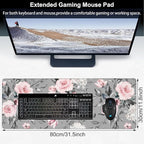 Pink Roses Desk Mat,Large Spring Blooming Flowers and Leaves Gaming Keyboard Mouse Pad,Non-Slip Rubber Base Desk Pad Thick Stitched Edges Waterproof Mousepad Mouse Mat 31.5"x11.8"