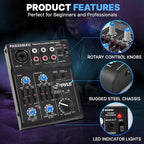 Pyle 5-Channel Professional Audio Mixer DJ Sound Board – Compact Music Mixer with USB Interface, EQ Controls, XLR Mic Input, 18V Phantom Power, Rechargeable Battery – USB/Line/Master Controls