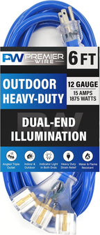 6 ft - 12 Gauge Heavy Duty Extension Cord - Lighted on Both Ends - SJTW Blue - Outdoor Extension_Cord Waterproof 6 ft by Premier Wire - 15 Amp ExtensionCord (6 Foot 12-Awg Power Cord Blue)