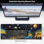 The Starry Night Desk Mat,Large Vincent Van Gogh Oil Painting Gaming Keyboard Mouse Pad,Non-Slip Rubber Base Desk Pad Thick Stitched Edges Waterproof Mousepad Mouse Mat 31.5"x11.8"