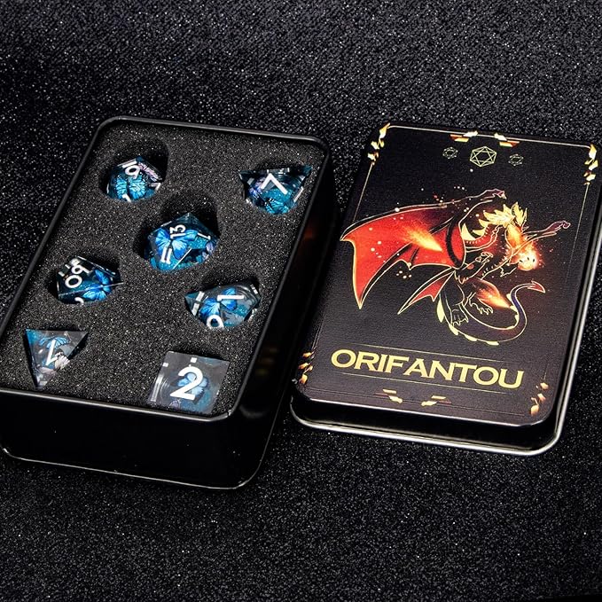 Butterfly DND Dice Blue-Black Liquid Core Dice Set with Metal Box, Handmade Sharp Edge D and D Polyhedral Dice for use with D&D Role Playing Game, D20 D12 D10 D8 D6