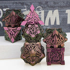 7PCS Metal DND Dice Set with Box, Debris RPG Purple Red D and D Dice for use with D&D Tabletop Games Role Playing Game Polyhedral Dice Set D20 D12 D10 D8 D6 D4
