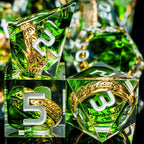 Magic Golden Ring DND Dice Set with Case, Green Resin Sharp Edge D and D Dice for use with D&D Tabletop Games Lord Handmade Polyhedral Dice Set D20 D12 D10 D8 D6 D4