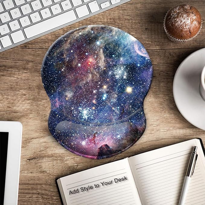 ITNRSIIET Ergonomic Mouse Pad with Gel Wrist Support Small Wrist Rest Smooth Surface Non-Slip PU Base Comfortable Office Supplies Pain Relief, 8.7 x 7.2 inches, Starry Sky