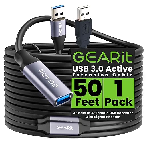 GEARit USB 3.0 Active Extension Cable (50 Feet) A-Male to A-Female USB Repeater with Signal Booster for Oculus Rift, Quest Link, Xbox 360 Kinect, PlayStation, Printer, Webcam - 50ft