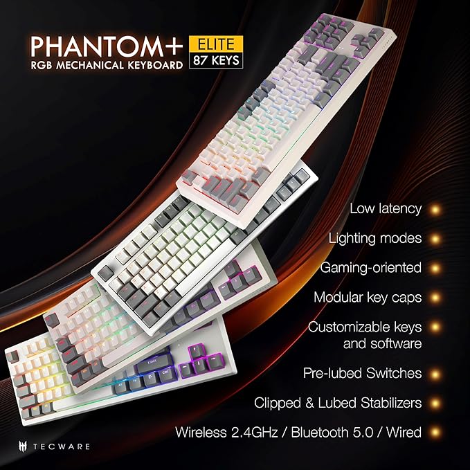 TECWARE Phantom+ Elite 87 Key RGB Mechanical Gaming Keyboard, LED Backlit, Universal Hot-Swap, Wired and Wireless, 3 Mode Connectivity, Thocky Sounding, White Elite Wraith Brown
