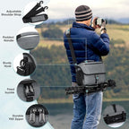 RAINSMORE Camera Bag, DSLR/SLR/Mirrorless Camera Case with Tripod Holder Waterproof Camera Sling Bag Crossbody Camera Bags for Photographers with Rain Cover for Canon/Nikon/Sony/Fuji, Grey