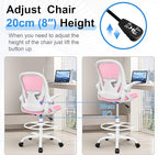 Primy Drafting Chair Tall Office Chair with Flip-up Armrests Executive Ergonomic Computer Standing Desk Chair with Lumbar Support and Adjustable Footrest Ring (Pink)