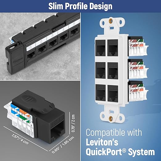 Everest 45° Angled RJ45 Cat6 Keystone Jacks 20-Pack in Black - Slim Profile Female RJ45 Connectors - Cat 6 Keystone Jack - Compatible with 45° Angled Speed Termination Tool - 45Term (B0BL3GS7ZY)