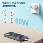 60W USB C to USB C Cable [3Pack] iPhone 16 15 Fast Charging Cable,6ft Long USB-C to USBC Power Cord for iPhone 16/15 Pro Plus Pro Max, MacBook Pro Air/IPad/iPad Pro 12.9/11,AirPods 4(White)