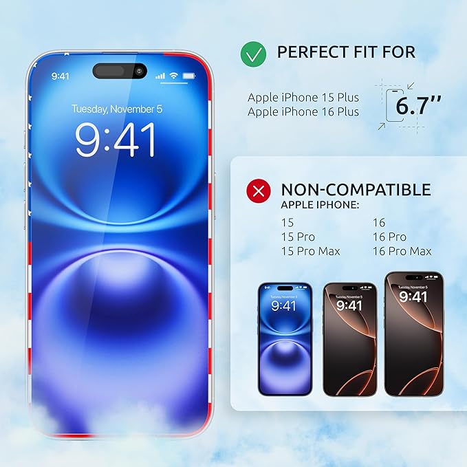 Screen Protector for iPhone 15 Plus / 16 Plus - Tempered Glass Screen Protector (2 Pack) - USA Flag & Black Frame - 9H Hardness Full Coverage - Oleophobic Coating with Easy Installation