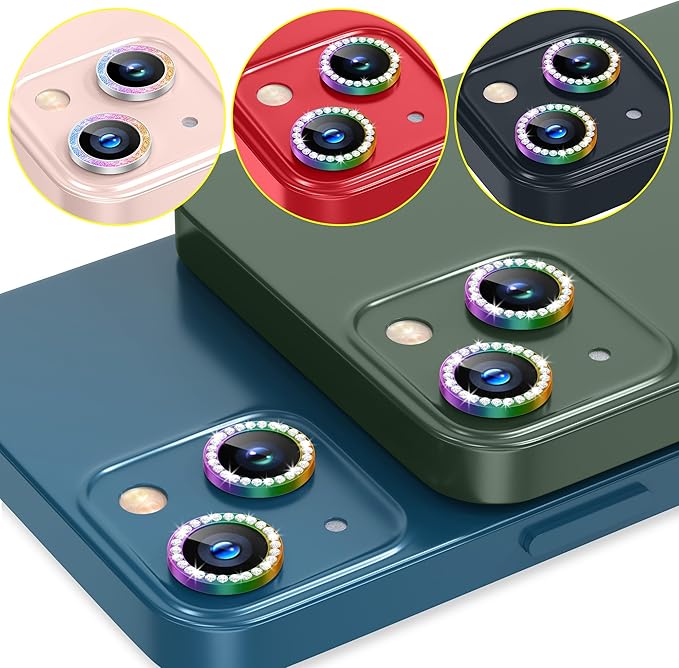AGVEE 3+3 6 Pack for iPhone 13 6.1" / 13 Mini 5.4" Camera Lens Cover Protector, Bling Diamond & Bling Glitter Metal Ring 9H Tempered HD Glass Camera Cover Protector Film, Bling-Colorful