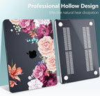 TWOLSKOO for M4 MacBook Air 13.6 inch Case 2025-2022 Release M4 A3240 M3 A3113 M2 A2681, Plastic Hard Shell & Screen Protector & Keyboard Cover & Trackpad Film, Black Peony