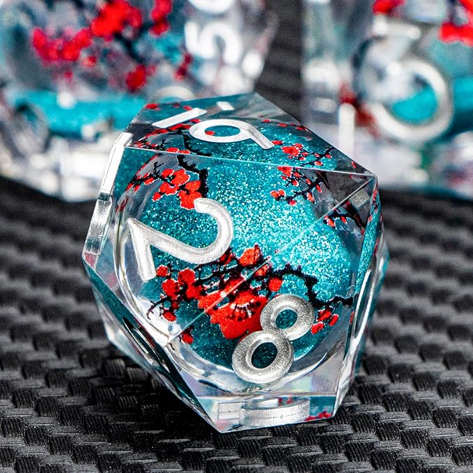 ARUOHHA DND Resin Dice Plum Blossom Liquid Core Dice Silver Blue Sharp Edged Dragons Polyhedral Dice Set with Gift Box, Role Playing Game Dungeons D and D Dice Set D20 D12 D10 D6 D4
