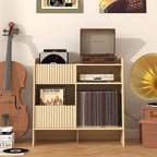 Record Player Stand with Vinyl Storage - Mid Century Modern Turntable Stand with Adjustable Shelves & Cable Hole, Record Player Table with 4 Cubes for Living Room, Bedroom, Oak