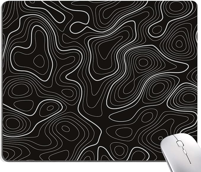 Topographic Contour Map Mouse Pad, Black Minimalist Mouse Mat Waterproof Non-Slip Rubber Base MousePads for Office Laptop Computer Desk