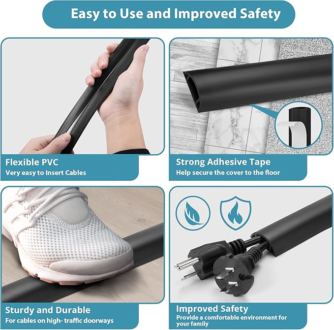 Cord Hider Floor, 3FT, Brown Cord Cover Floor, Cord Protector Floor Extension Cable Cover, Soft PVC Wire Covers - Cable Management Hide Cords on Floor - Cord Cavity: 0.7" (W) x 0.4"(H)