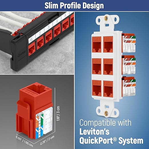 Everest 90° Angled RJ45 Cat6A Keystone Jacks 10-Pack in Orange - Slim Profile Female RJ45 Connectors - Cat 6A Keystone Jack - Compatible with 90° Angled Speed Termination Tool - easyJACK (B094WB91H3)